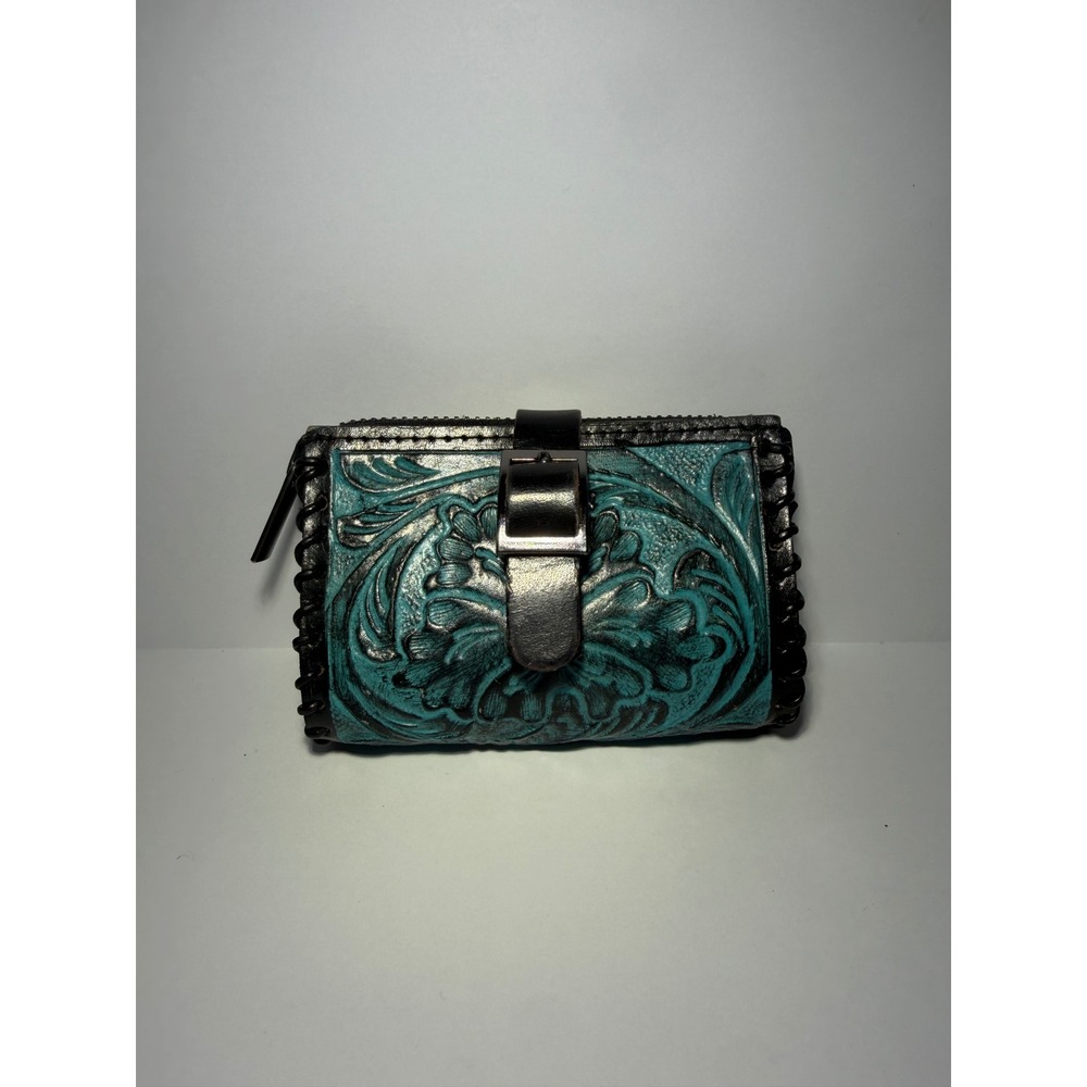 Hand Tooled Leather Floral Coin Purse Turquoise Black Western Whipstitch Wallet